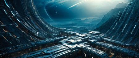 Futuristic space station orbiting a distant planetの素材