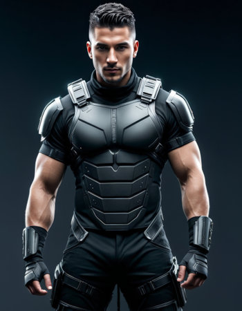 Futuristic soldier in black tactical armor posingの素材