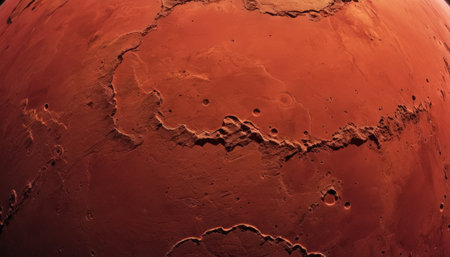 Aerial view of Mars surface with craters and ridgesの素材