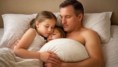 Father and daughters sleeping in bed, family love and comfortの素材