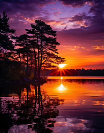Stunning sunset over tranquil lake with reflectionsの素材