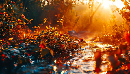 Serene Sunrise Over Flowing Forest Streamの素材