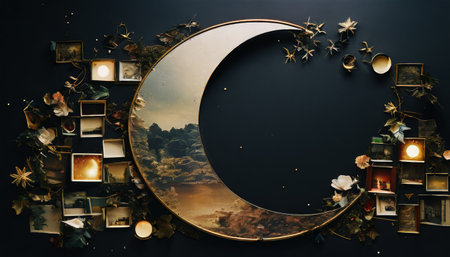 Artistic wall decoration with crescent moon and vintage photosの素材