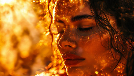 Close-up of a womans face bathed in golden lightの素材