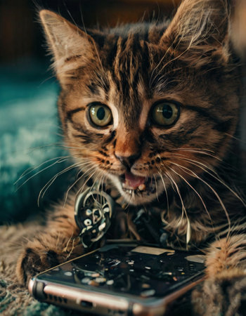 Curious kitten playing with a broken phoneの素材