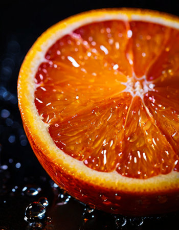 Close-up of fresh juicy blood orange slice on black backgroundの素材