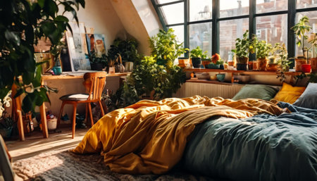 Sunlit cozy bedroom with indoor plants and bohemian decorの素材