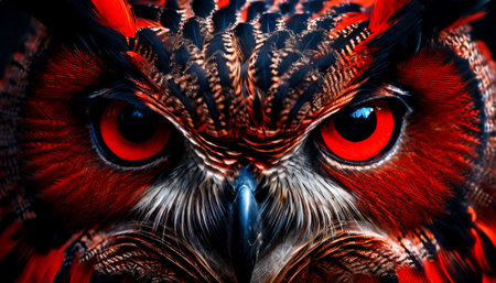 Intense close-up of an owls red eyes and feathersの素材