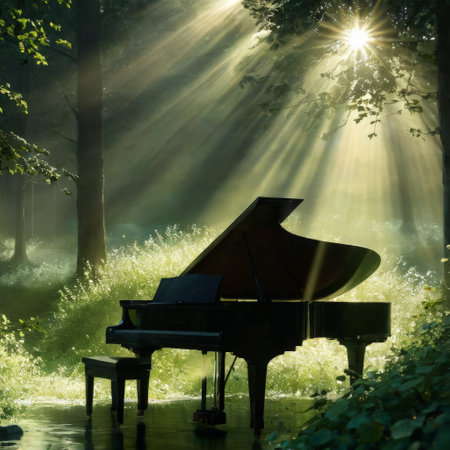 Grand piano in sunlit forest with morning raysの素材