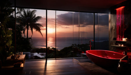Luxurious bathroom with ocean view at sunsetの素材