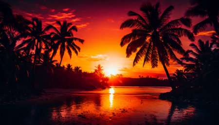 Stunning tropical sunset with silhouetted palm treesの素材