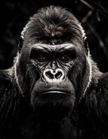 Intense portrait of a silverback gorilla in the wildの素材