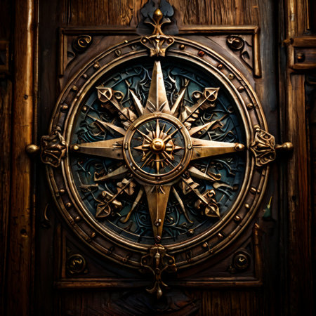 Ornate compass rose on a wooden doorの素材