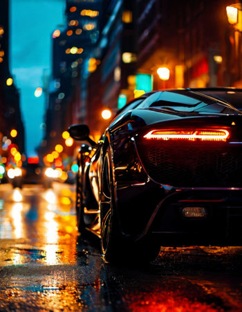 Sleek black sports car on rainy city street at nightの素材