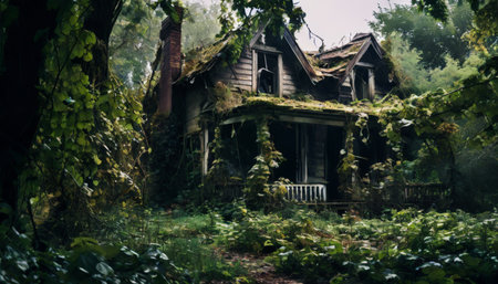 Abandoned house overgrown with vegetation in a forestの素材