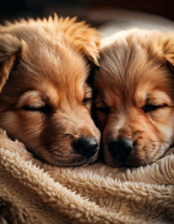 Two sleeping puppies cuddled together on a blanketの素材