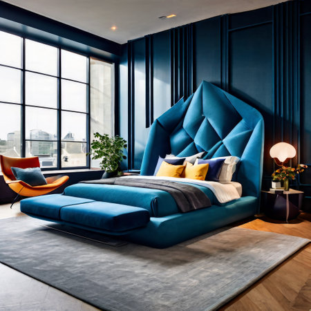 Modern Bedroom with Luxurious Blue Bed and Panoramic Windowsの素材