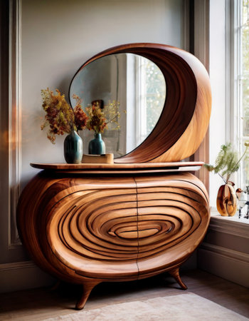 Curved wooden vanity with round mirror and vase decorの素材