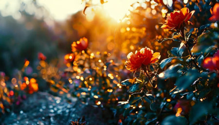 Vibrant roses in golden sunlight, glowing evening gardenの素材