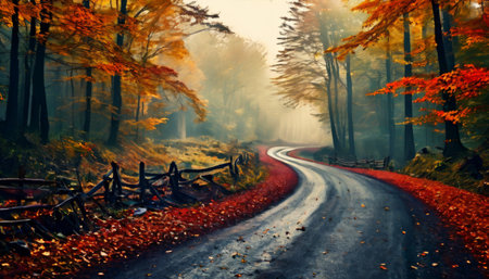 Serene Autumn Forest Path with Vibrant Foliageの素材