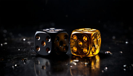 Close-up of black and gold dice on a reflective surfaceの素材