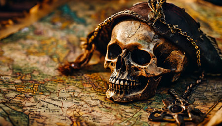 Ancient pirate skull with hat and necklace on old mapの素材