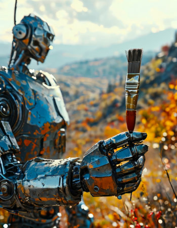 Robot artist holding a paintbrush in autumn landscapeの素材