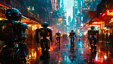 Futuristic cityscape with robots on a rainy nightの素材
