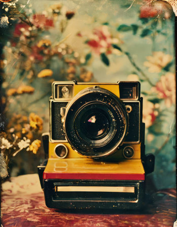 Vintage Polaroid Camera with Floral Backgroundの素材
