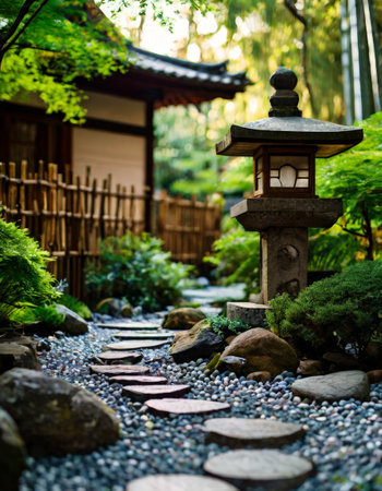 Tranquil Japanese garden with stone lanternの素材