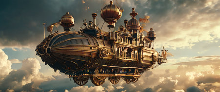 Steampunk airship soaring through cloudy skiesの素材