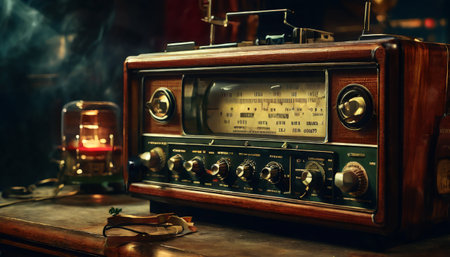 Vintage Wooden Radio on Antique Tableの素材