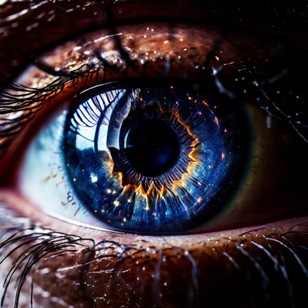 Close-up of a blue eye with galaxy reflectionの素材