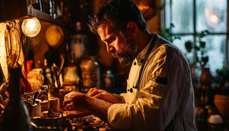Chef Focused on Cooking in Cozy Kitchenの素材
