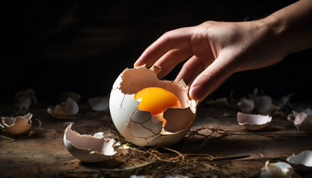Hand reaching for egg yolk in broken eggshellの素材