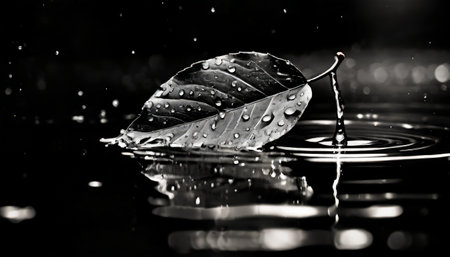 Black and white leaf floating on waterの素材