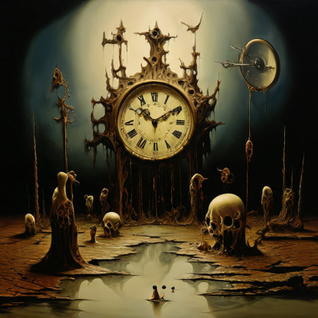 Surreal clock with melting elements in eerie landscapeの素材
