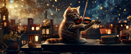 Adorable kitten playing violin under starry night skyの素材
