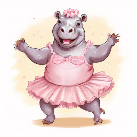 Cheerful hippo ballerina in pink tutu on white backgroundの素材