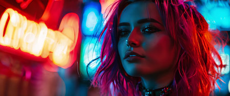 Neon-lit portrait of woman with vibrant pink hairの素材