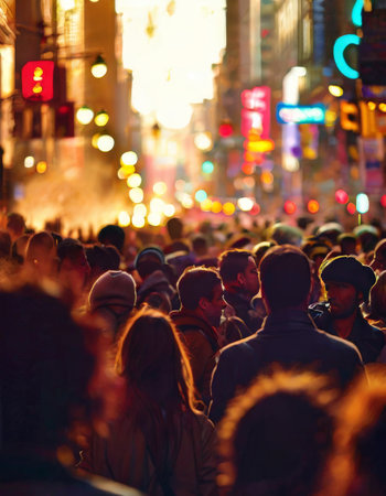 Busy city street at dusk with vibrant lightsの素材