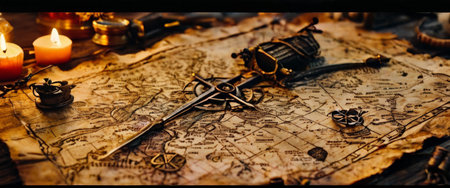 Antique map with compass and dagger on a wooden tableの素材