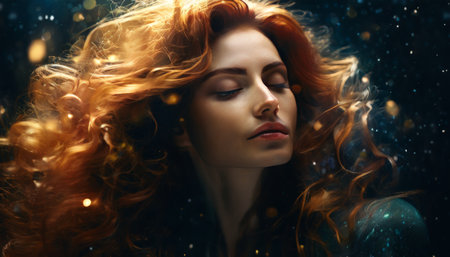 Portrait of serene woman with flowing red hair in soft lightの素材