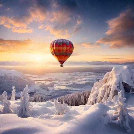 Colorful hot air balloon over a snow-covered landscape at sunriseの素材