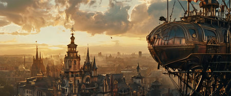 Steampunk airship over gothic cityscape at sunsetの素材