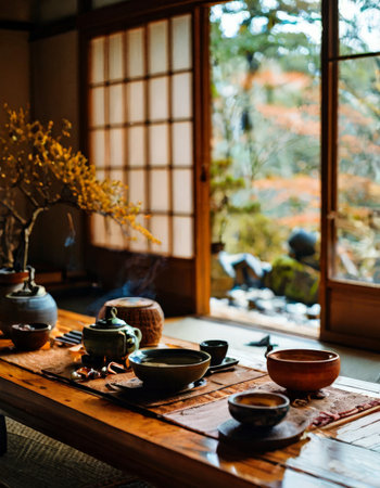 Traditional Japanese tea set on wooden table by open shojiの素材
