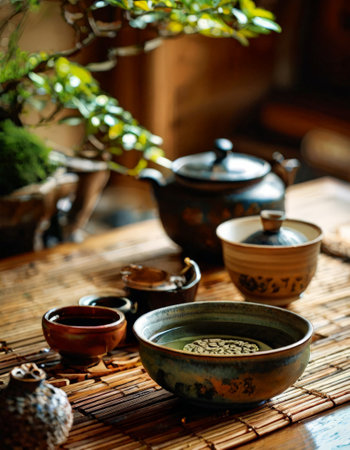 Traditional Japanese tea set on bamboo matの素材