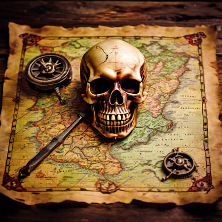 Skull and compass on vintage pirate mapの素材
