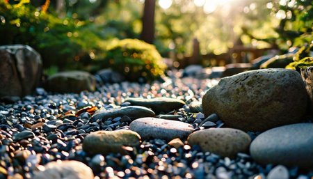Serene garden path with sunlight and stonesの素材