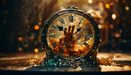 Antique clock submerged in water with a dramatic hand reaching outの素材